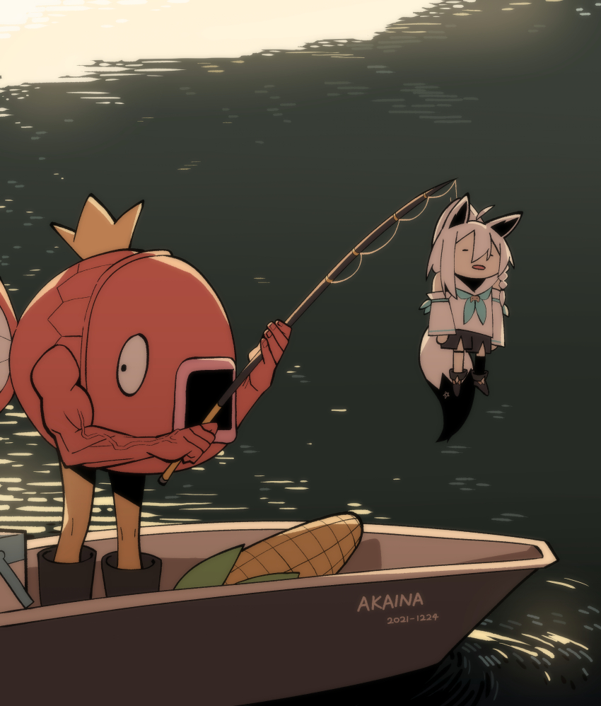 1girl absurdres ahoge animal_ears aqua_neckerchief boat chibi cocomayo29_(tomato) commentary_request corn detached_sleeves fish fishing_rod fox_ears fox_girl fox_tail gen_1_pokemon hair_between_eyes hanging highres holding holding_fishing_rod hololive korean_commentary long_sleeves magikarp neckerchief nintendo open_mouth pokemon pokemon_(creature) role_reversal shirakami_fubuki shirakami_fubuki_(1st_costume) tail virtual_youtuber water watercraft white_hair