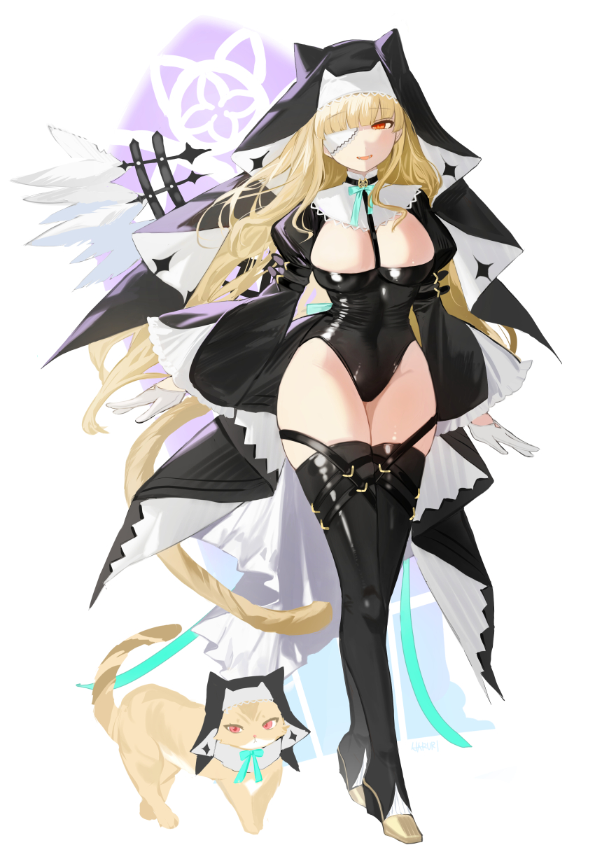 1girl absurdres animal_ears between_breasts black_leotard black_veil blonde_hair blunt_bangs boots breasts cat_ears cat_fantasy cat_girl cat_tail character_request commentary_request ears_under_headwear frilled_sleeves frills full_body gloves haruri highres juliet_sleeves large_breasts leotard long_hair long_sleeves looking_at_viewer nun one_eye_covered open_mouth puffy_sleeves red_eyes simple_background smile standing strap_between_breasts sylviette_(cat_fantasy) tail thigh_boots thighs veil white_background white_gloves yellow_cat