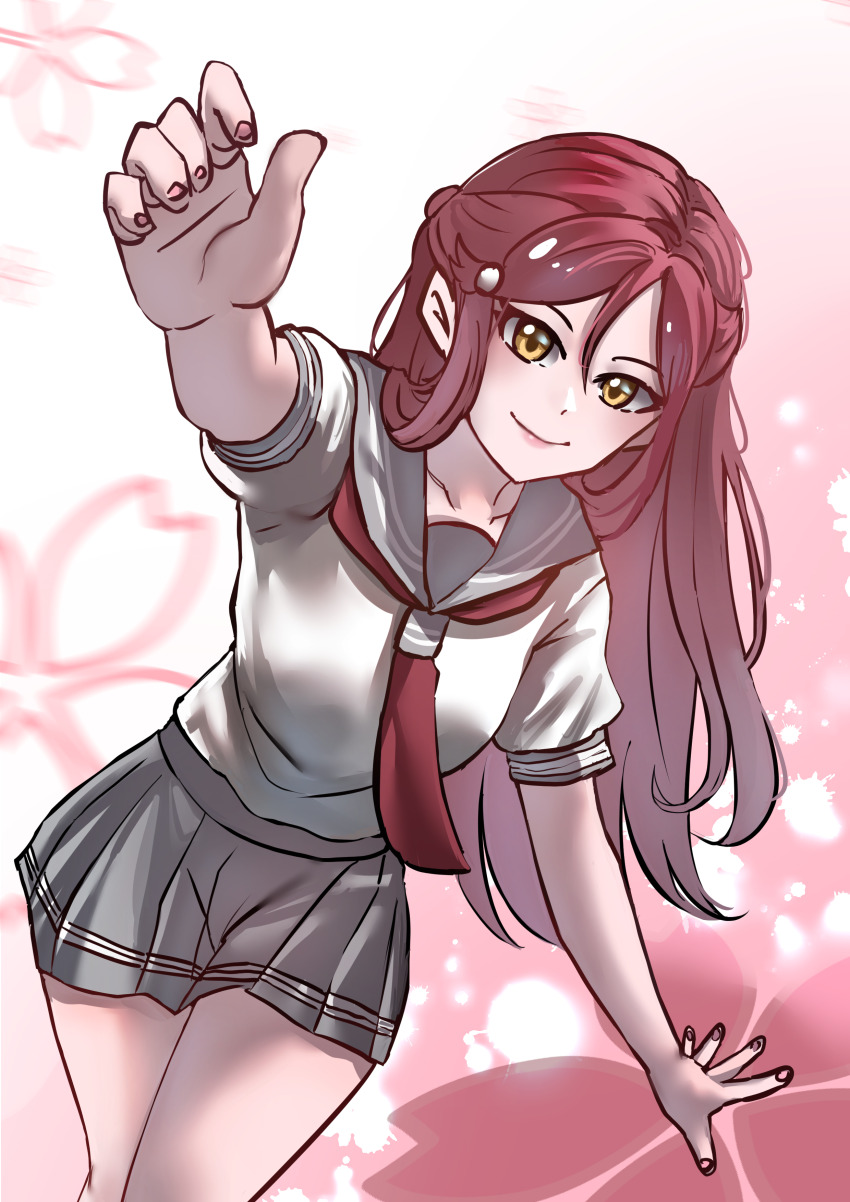 1girl absurdres highres long_hair love_live! love_live!_sunshine!! over_flow99 red_hair sakurauchi_riko short_sleeves smile solo uranohoshi_school_uniform yellow_eyes