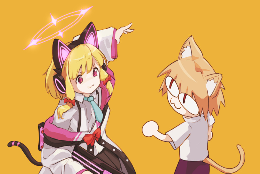 2girls animal_ear_headphones animal_ears blonde_hair blue_archive cat_ear_headphones cat_ears cat_girl cat_tail closed_mouth crossover fake_animal_ears fake_tail halo headphones jacket long_sleeves marvel_vs._capcom momoi_(blue_archive) multiple_girls neco-arc orange_background orange_hair pink_halo red_eyes shirt short_hair smile tail tsukihime tyrone white_jacket white_shirt x-men_vs._street_fighter