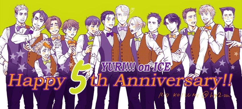 6+boys :d ;) anniversary artist_name black_hair blonde_hair blush bow bowtie brown_hair cellphone christophe_giacometti collared_shirt copyright_name emil_nekola formal_clothes georgi_popovich green_background hand_on_another&#039;s_shoulder hands_on_another&#039;s_shoulders highres it&#039;s_j.j._style! jean-jacques_leroy ji_guang-hong katsuki_yuuri koizumi_riu lee_seung-gil leo_de_la_iglesia limited_palette male_focus michele_crispino minami_kenjirou multiple_boys one_eye_closed open_mouth otabek_altin phichit_chulanont phone shirt smartphone smile twitter_username vest viktor_nikiforov waistcoat yuri!!!_on_ice yuri_plisetsky