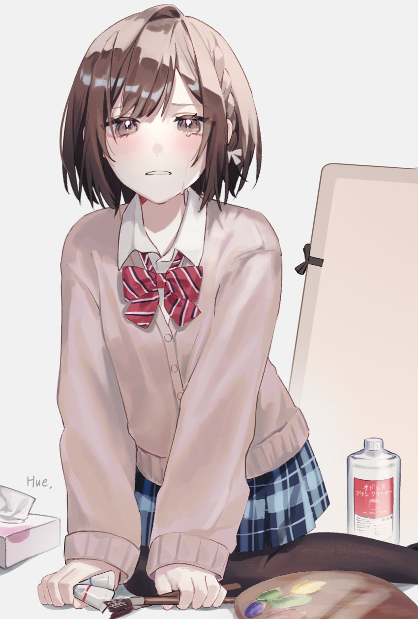 1girl artist_name black_pantyhose blue_skirt bottle bow braid brown_eyes brown_hair buttons collared_shirt commentary_request feet_out_of_frame highres holding holding_paintbrush hue_0813 kamiyama_high_school_uniform_(project_sekai) long_sleeves looking_at_viewer paint paint_tube paintbrush paint_palette pantyhose parted_lips pleated_skirt project_sekai red_bow school_uniform shinonome_ena shirt short_hair side_braid simple_background single_braid skirt sleeves_past_wrists solo striped_bow tears tears_from_one_eye tissue tissue_box white_background white_shirt