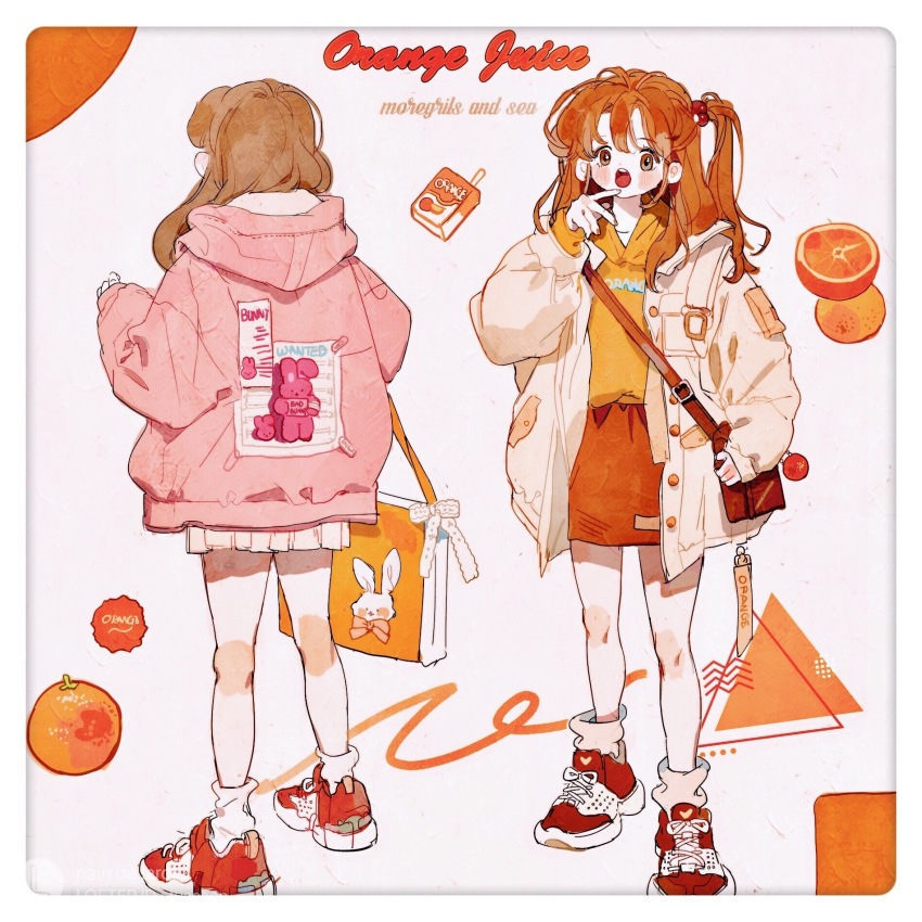 2girls bag belt_buckle blush_stickers border bow bowtie brown_bag brown_eyes brown_hair buckle buttons chinese_commentary coat collarbone commentary_request drinking_straw english_text eyelashes fashion finger_to_own_chin fingernails food footwear_bow from_behind fruit full_body hair_bobbles hair_ornament hair_over_shoulder hand_up heart heart_print highres hood hood_down hooded_jacket hoodie jacket juice juice_box lace_bow layered_sleeves long_hair long_sleeves looking_at_viewer loose_hair_strand miniskirt multiple_girls one_side_up open_clothes open_coat open_mouth orange_(fruit) orange_bag orange_hoodie orange_juice orange_skirt orange_sleeves orange_slice orange_theme original pink_bow pink_bowtie pink_jacket poster_(object) puffy_long_sleeves puffy_sleeves putong_xiao_gou rabbit red_shoes shoes shopping_bag shoulder_bag single_strap skirt sleeves_past_wrists sneakers socks tape teeth upper_teeth_only white_background white_border white_bow white_coat white_sleeves white_socks