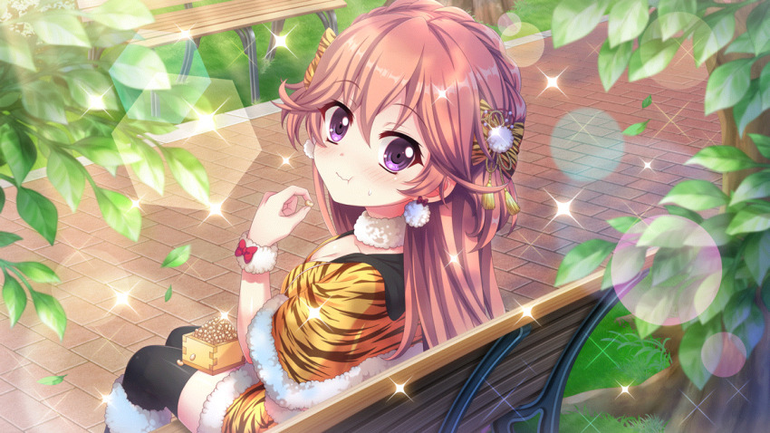 1girl :t animal_print beans bench black_thighhighs blush boots bow braid breasts capelet choker cleavage closed_mouth crown_braid day dot_nose eating film_grain food from_behind game_cg grass haeno_akari hair_bow holding holding_food izumi_tsubasu knee_boots leaf lens_flare long_hair masu medium_breasts non-circular_lens_flare non-web_source official_art on_bench oni_costume outdoors park park_bench pink_hair print_bow print_capelet print_skirt purple_eyes re:stage! setsubun sitting skirt solo sparkle stone_walkway thighhighs tiger_print tree two_side_up white_choker white_trim wooden_bench yellow_bow yellow_capelet yellow_skirt zettai_ryouiki