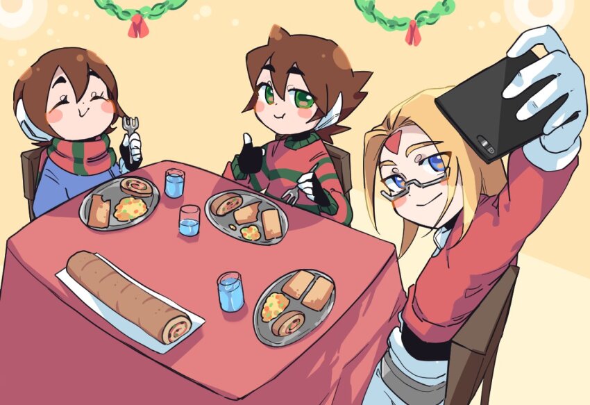 1girl 2boys aile_(mega_man_zx) black_bodysuit blonde_hair blue_eyes blush_stickers bodysuit brown_hair cellphone chair christmas closed_eyes cropped_jacket eating facial_mark forehead_mark fork ghosty_entity girouette_(mega_man) green_eyes group_picture holding holding_fork holding_phone jacket long_hair mega_man_(series) mega_man_zx multiple_boys phone red_jacket red_scarf red_sweater robot_ears scarf selfie short_hair sitting smartphone smile sweater table vent_(mega_man)