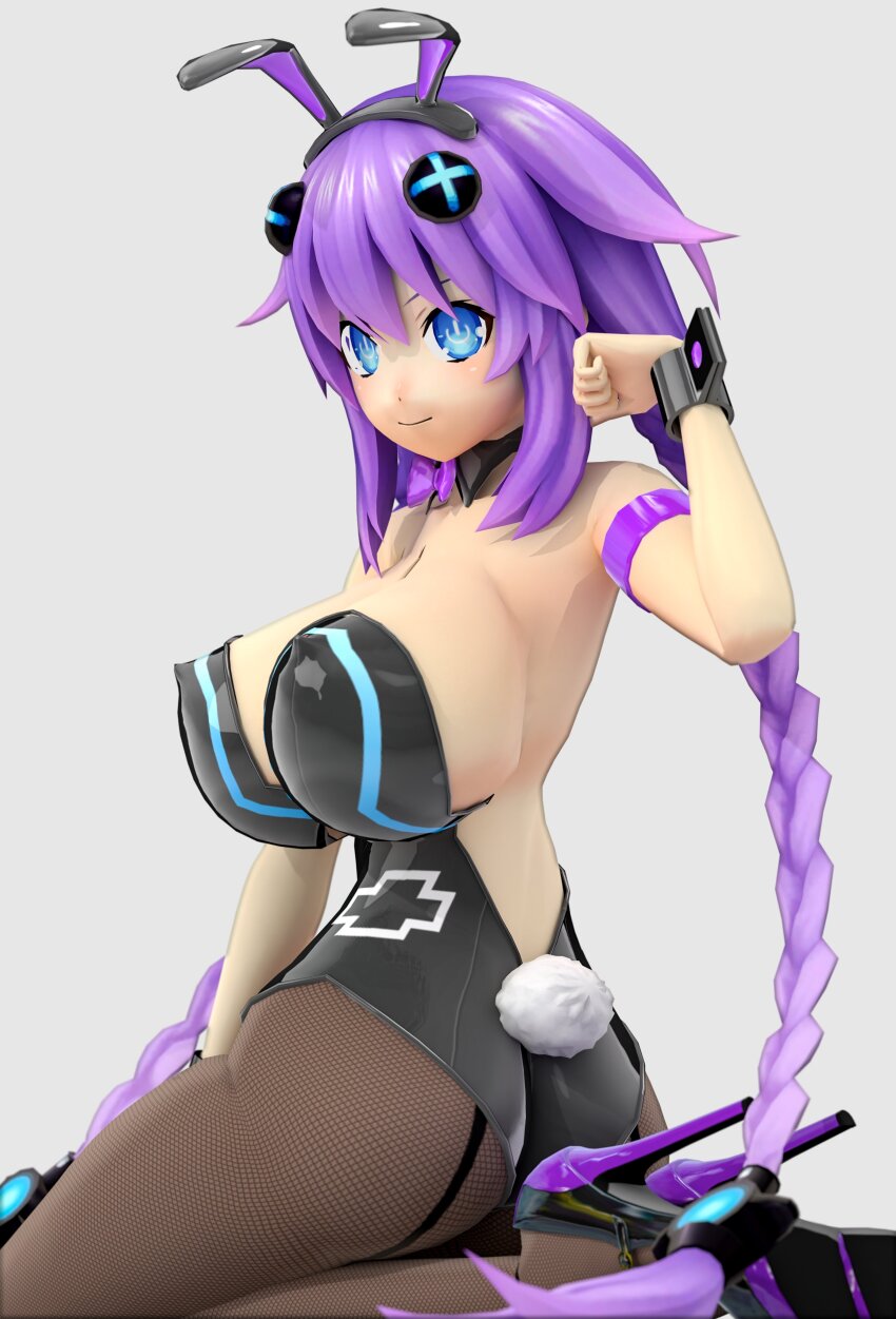 1girl 3d absurdres animal_ears bare_shoulders black_leotard blue_eyes braid breasts detached_collar fake_animal_ears fake_tail fishnet_pantyhose fishnets hair_ornament highres large_breasts leotard neon_trim neptune_(neptunia) neptune_(series) pantyhose playboy_bunny power_symbol power_symbol-shaped_pupils purple_hair purple_heart_(neptunia) rabbit_ears rabbit_tail smile solo strapless strapless_leotard symbol-shaped_pupils tail tobojashi twin_braids white_background wrist_cuffs