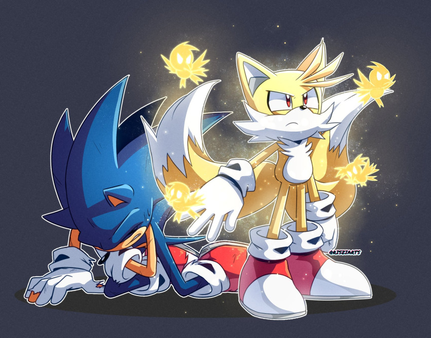 artsriszi bird blue_fur blue_hair destroyed_clothing flicky flicky_(character) fox gloves gold_fur gold_hair hedgehog highres injury multiple_tails protecting red_eyes shoes socks sonic_(series) sonic_the_hedgehog super_tails tail tails_(sonic) torn_clothes two_tails