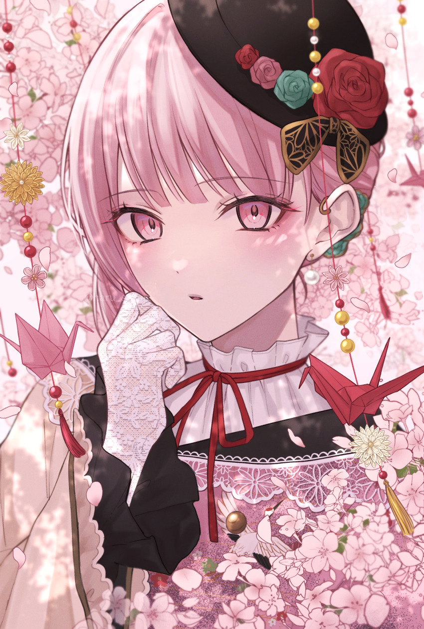 1other akiyama_mizuki ame_(harusame) androgynous beads black_headwear blunt_bangs blush close-up commentary earrings flower frilled_sleeves frills gloves green_flower green_rose highres jewelry kawaranu_atatakasa_no_tonari_de_(project_sekai) lace lace_gloves looking_at_viewer neck_ribbon official_alternate_costume official_alternate_hair_length official_alternate_hairstyle origami paper_crane parted_lips peach_blossom pearl_earrings pink_eyes pink_flower pink_rose project_sekai red_flower red_ribbon red_rose ribbon rose shirt sidelocks solo too_many_flowers white_gloves white_shirt