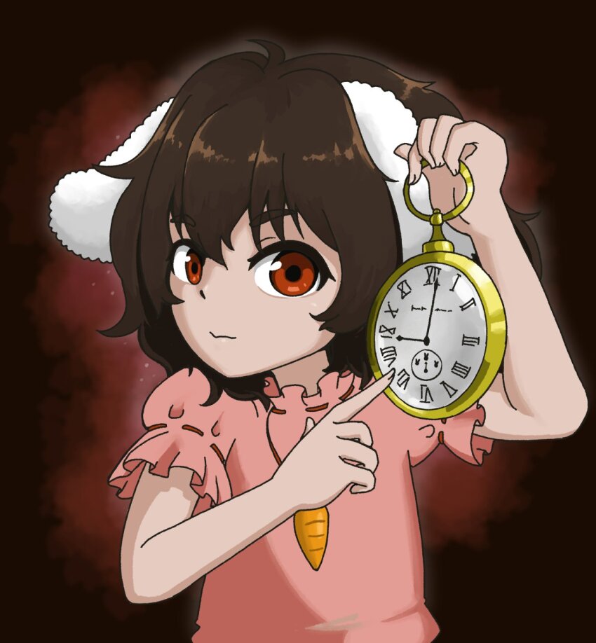 1girl alice&#039;s_adventures_in_wonderland animal_ears black_hair brown_background carrot carrot_necklace closed_mouth cosplay dress fang floppy_ears gradient_background hair_between_eyes hand_up highres holding holding_pocket_watch inaba_tewi index_finger_raised jewelry looking_at_viewer meme necklace pendant pink_dress pocket_watch pointing pointing_at_object puffy_short_sleeves puffy_sleeves rabbit_ears rabbit_girl red_eyes ribbon-trimmed_sleeves ribbon_trim roman_numeral short_hair short_sleeves skin_fang solo touhou ttzl upper_body watch wavy_hair white_rabbit_(alice_in_wonderland) white_rabbit_(alice_in_wonderland)_(cosplay) white_rabbit_pointing_at_a_clock_(meme)