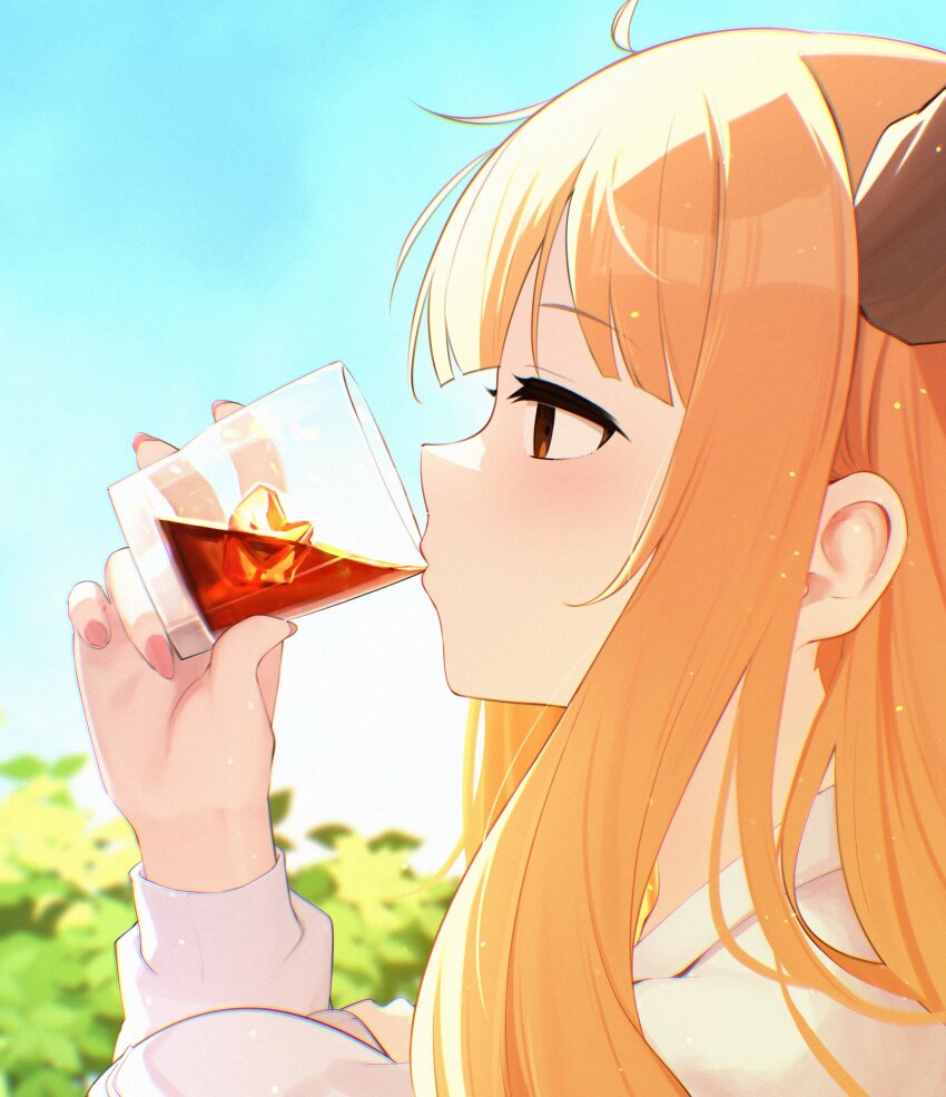1girl absurdres alternate_costume arm_rest blunt_bangs blurry blurry_background brown_eyes casual cup day drinking from_side half-closed_eyes hand_up highres holding holding_cup horns ibuki_suika iced_tea light_blush light_particles long_hair long_sleeves nail_polish oeyama orange_hair outdoors pink_nails portrait profile puffy_long_sleeves puffy_sleeves solo touhou upper_body