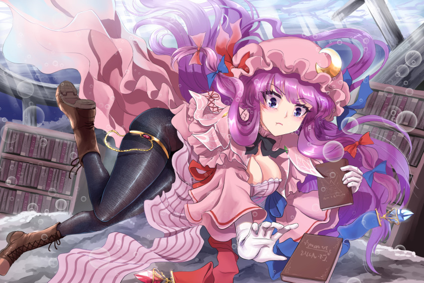 1girl black_pantyhose blue_eyes blush book bookshelf boots brown_boots closed_mouth commentary_request commission dress hair_ribbon hat holding holding_book holding_breath long_hair mob_cap namiki_(remiter00) pantyhose patchouli_knowledge pink_dress pink_hat pixiv_commission purple_hair ribbon solo touhou tress tress_ribbon underwater very_long_hair