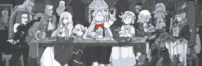 5girls 6+boys alcohol alucard_(castlevania) ankle_socks arcueid_brunestud arm_on_table arm_warmers ascot bare_shoulders bat_wings beard blazblue bloodborne bloodrayne bloodrayne_(videogame) blue_sky blunt_bangs bolos boots bow bowtie breasts candle castlevania_(series) center_frills center_opening chair chalice character_request cleavage closed_mouth collared_shirt commentary copyright_request crystal_wings cup dark-skinned_male dark_skin darkstalkers demitri_maximoff demon_wings detached_sleeves dining_room dracula_(castlevania) dress drink drinking_glass english_commentary facial_hair fangs fangs_out feet_out_of_frame fingerless_gloves fire flandre_scarlet flower food fork formal_clothes frilled_shirt frilled_shirt_collar frilled_skirt frilled_sleeves frilled_socks frills fringe_trim from_behind full_body gloves greyscale grin hair_between_eyes hair_bow hair_spread_out hand_on_table hat hat_feather hat_ribbon high_collar highres holding holding_drink holding_fork indoors knee_boots kurumi_(touhou) lady_maria_of_the_astral_clocktower large_breasts leggings long_dress long_hair long_skirt long_sleeves looking_at_another meat medium_skirt midriff mob_cap monochrome multiple_boys multiple_girls mustache napkin old old_man on_chair orange_eyes parted_bangs plate pleated_skirt pointing pointy_ears puffy_short_sleeves puffy_sleeves rachel_alucard red_bow red_bowtie red_eyes remilia_scarlet ribbon ribbon-trimmed_headwear ribbon_trim shirt shoes short_hair short_sleeves siblings side_ponytail sideburns sisters sitting skirt skirt_set sky sleeve_bow sleeveless sleeveless_shirt smile socks species_connection spill spot_color spread_wings sunflower suspender_skirt suspenders touhou touhou_(pc-98) tsukihime twintails vampire very_long_hair wine wine_glass wings