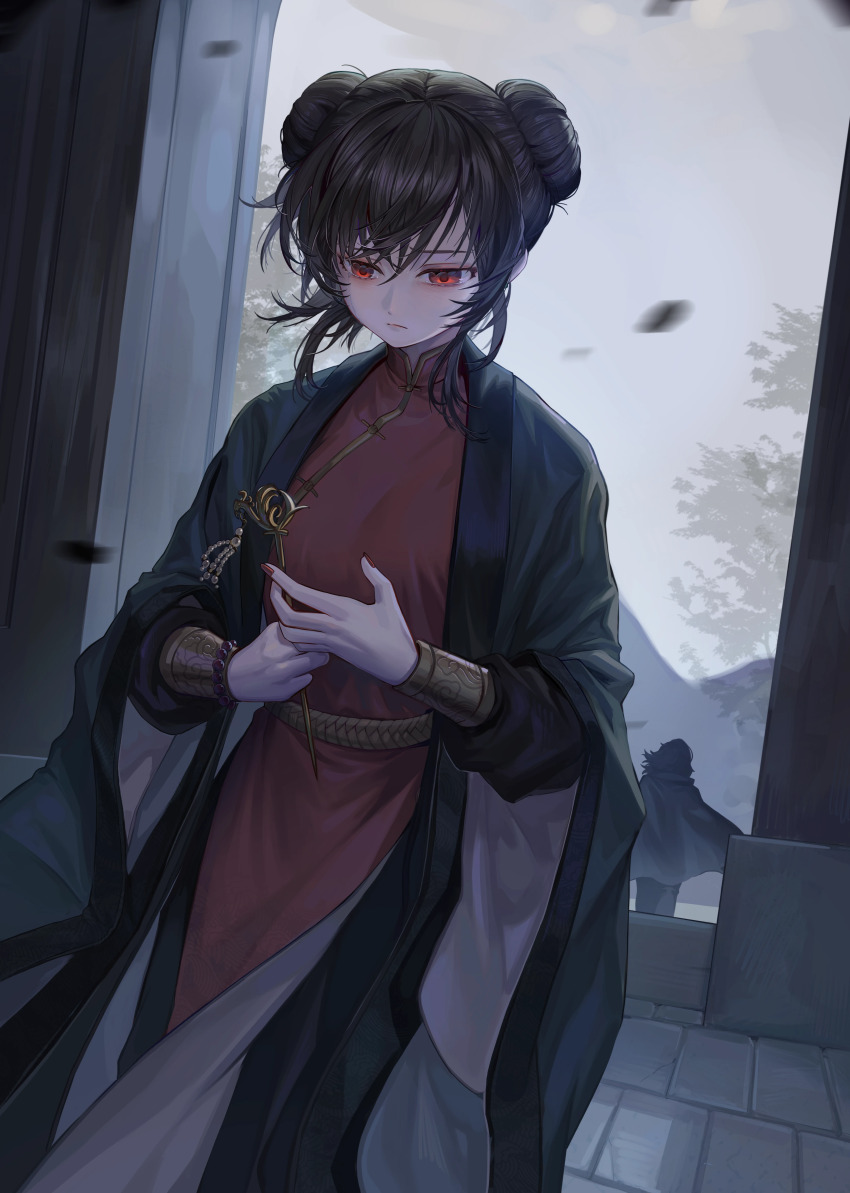 1boy 1girl absurdres bead_bracelet beads belt black_coat black_hair blush bracelet brick_floor chinese_clothes chinese_commentary coat commentary crossed_bangs crying crying_with_eyes_open double_bun dutch_angle falling_leaves frown gauntlets hair_between_eyes hair_bun hanfu highres holding_hairpin jewelry leaf mandarin_collar nail_polish open_clothes open_coat original outdoors phoenix_hair_ornament red_eyes red_hanfu red_nails rope_belt solo_focus tears tears_from_one_eye tree upper_body wangmou_zilaojuan wave_print wuxia yellow_belt