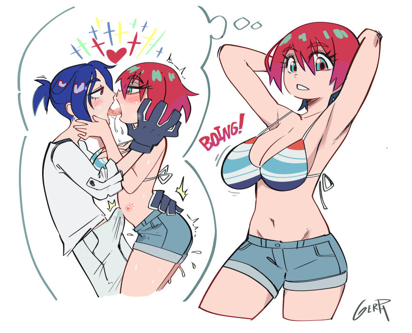 1boy absurdres amate_yuzuriha bikini bikini_top_only blue_hair breasts bulge denim denim_shorts french_kiss gerph gquuuuuux gundam gundam_gquuuuuux highres imagining kiss large_breasts looking_at_another multicolored_hair precum shirt short_hair shorts shuji_ito swimsuit