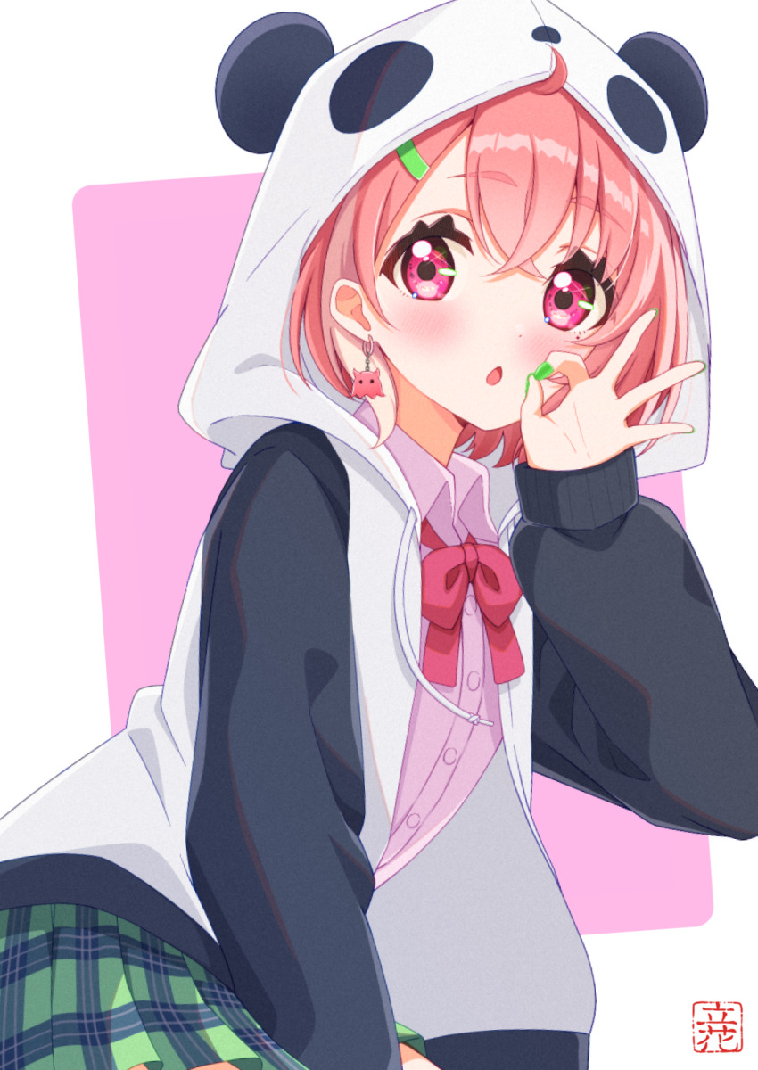 1girl ahoge animal_hood black_hoodie blush bow bowtie collared_shirt earrings fingernails green_nails green_skirt hair_behind_ear hair_ornament hairclip highres hood hoodie jewelry long_sleeves looking_at_viewer medium_hair multicolored_hair nail_polish nijisanji octopus_earrings ok_sign open_mouth panda_hood pink_background pink_bow pink_bowtie pink_eyes pink_hair pink_shirt plaid_clothes plaid_skirt sasaki_saku sasaki_saku_(1st_costume) shirt skirt solo streaked_hair tachibana_sora two-tone_background two-tone_hair two-tone_hoodie virtual_youtuber white_background white_hoodie