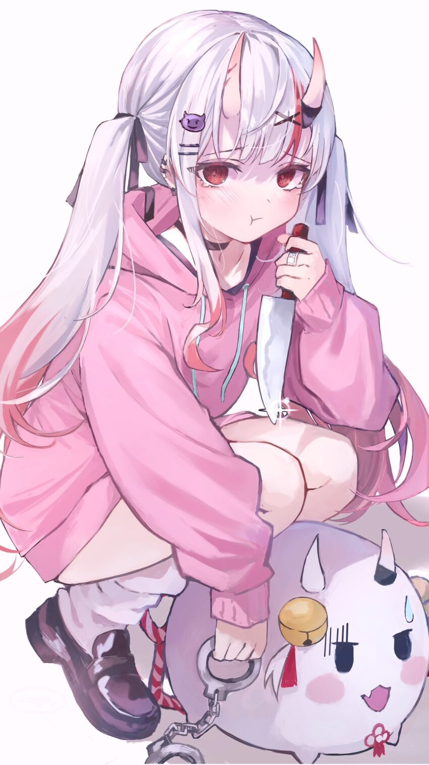 1girl 1other :t bandaid bandaid_on_finger choker collarbone cuffs ear_piercing hair_ribbon handcuffs highres holding holding_handcuffs holding_knife hololive horns knife multicolored_hair nakiri_ayame oni piercing poyoyo_(nakiri_ayame) red_eyes red_hair ribbon skin-covered_horns squatting streaked_hair tearing_up twintails white_hair yagura_(yagura_aaaok)