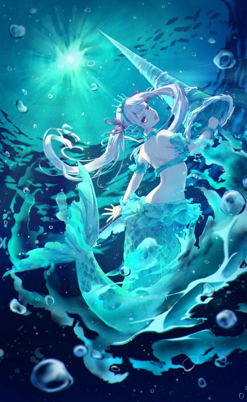 1girl absurdres air_bubble black_clover bubble grey_hair hair_ribbon highres holding holding_polearm holding_weapon lance mermaid monster_girl noelle_silva open_mouth polearm purple_eyes purple_ribbon ribbon slacky_y solo twintails underwater water weapon