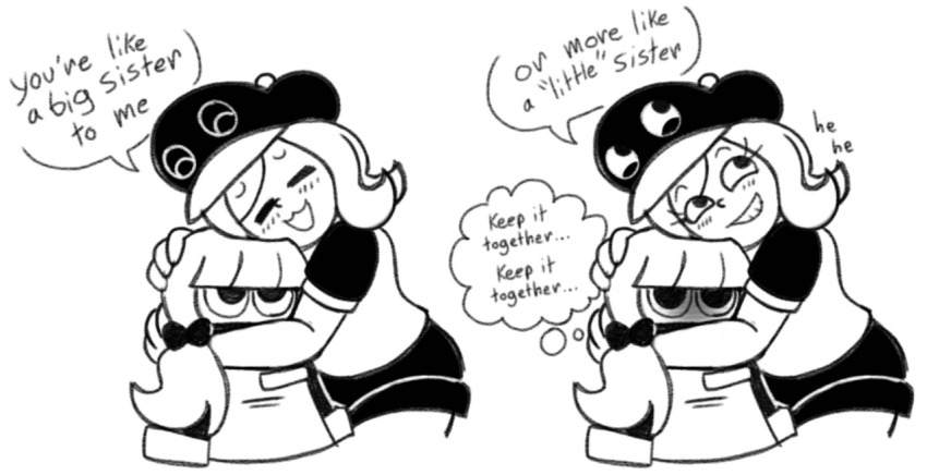 2girls affectionate anna_(tinytoxicwaste101) black_hat blush caress english_text happy hat height_difference lucy_(tinytoxicwaste101) monochrome multiple_girls original pizza_tower tinytoxicwaste101