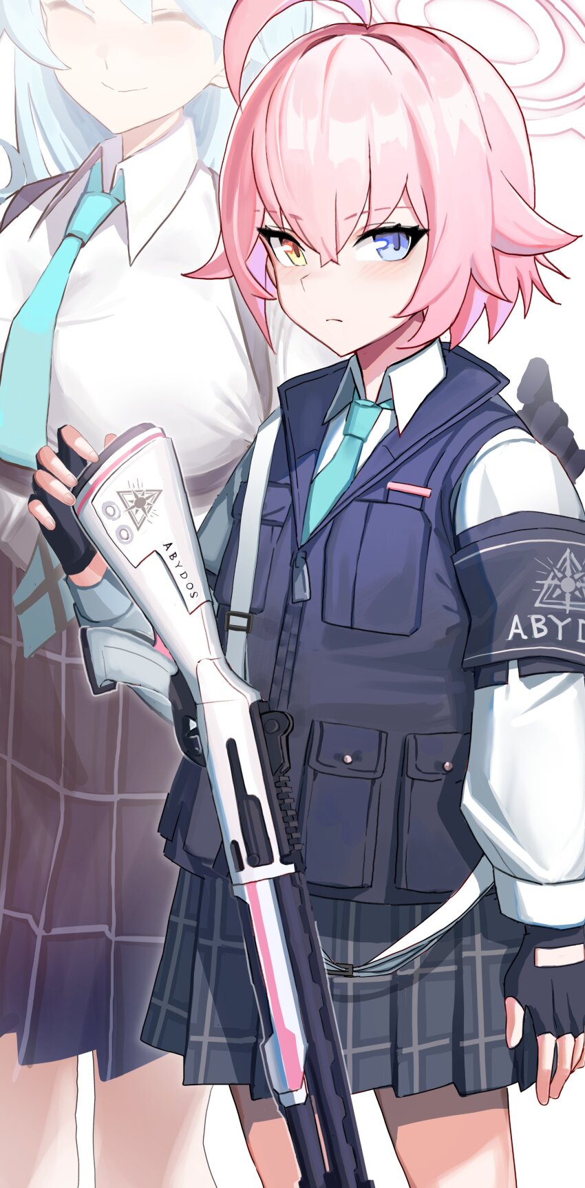 2girls ^_^ absurdres ahoge aqua_necktie armband black_gloves blue_archive blue_eyes breasts closed_eyes closed_mouth collared_shirt fingerless_gloves franz2543 gloves gun hair_between_eyes halo heterochromia highres holding holding_gun holding_weapon hoshino_(blue_archive) hoshino_(first_year)_(blue_archive) hoshino_(young)_(blue_archive) large_breasts long_sleeves looking_at_viewer multiple_girls necktie orange_eyes pink_hair plaid_clothes plaid_skirt pleated_skirt shirt short_hair shotgun simple_background skirt smile vest weapon white_background white_shirt yume_(blue_archive)
