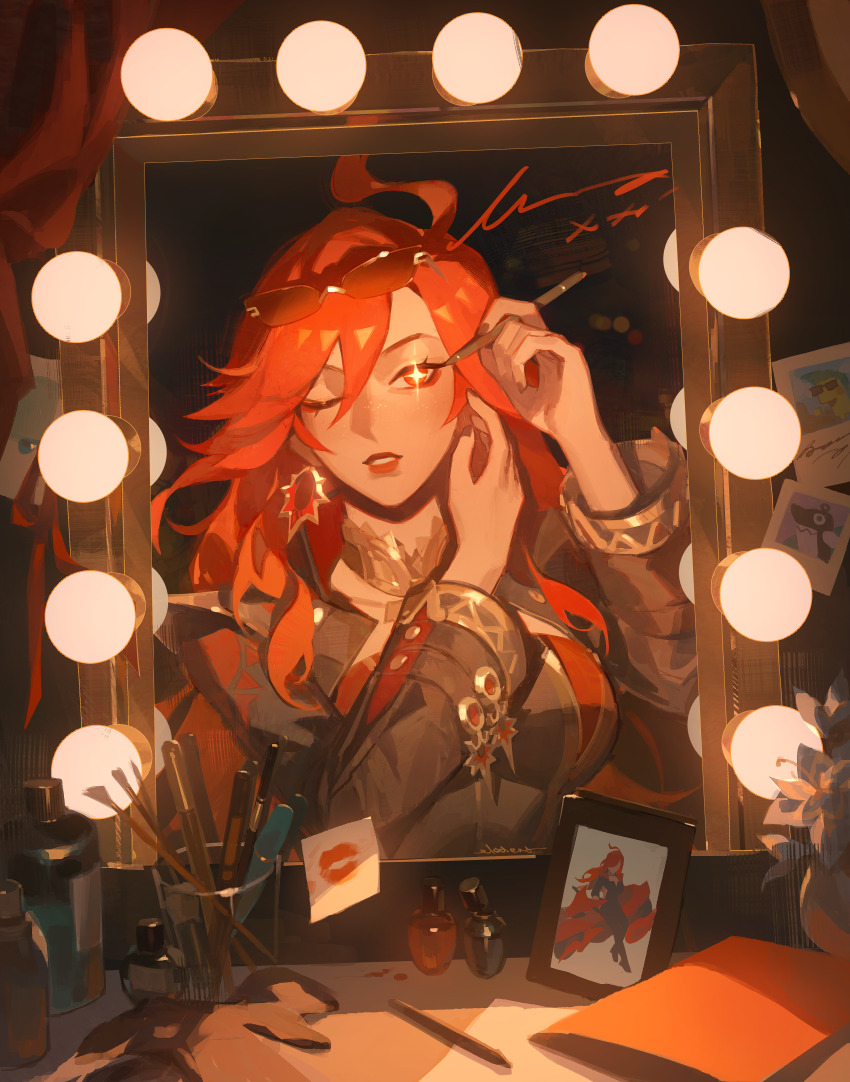1girl absurdres applying_makeup breasts commentary cosmetics earrings elodeas english_commentary genshin_impact highres jewelry lipstick_mark long_hair mavuika_(genshin_impact) mirror nail_polish_bottle one_eye_closed picture_frame red_hair solo symbol-shaped_pupils