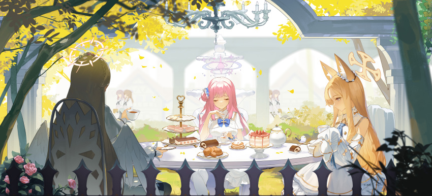6+girls absurdres angel_wings animal_ears bird blonde_hair blue_archive brown_hair cake cake_stand capelet character_request closed_eyes commentary_request cup day detached_sleeves dress falling_petals feathered_wings food fork fox_ears fox_girl hair_bun halo highres holding holding_cup holding_fork holding_saucer long_hair low_wings mika_(blue_archive) multiple_girls nagisa_(blue_archive) outdoors pantyhose petals pink_hair saucer seia_(blue_archive) single_side_bun sitting sleeves_past_fingers sleeves_past_wrists super_h2o swiss_roll tea tea_party tea_party_(blue_archive) tea_set teacup teapot tiered_tray white_bird white_capelet white_dress white_pantyhose white_wings wings yellow_halo