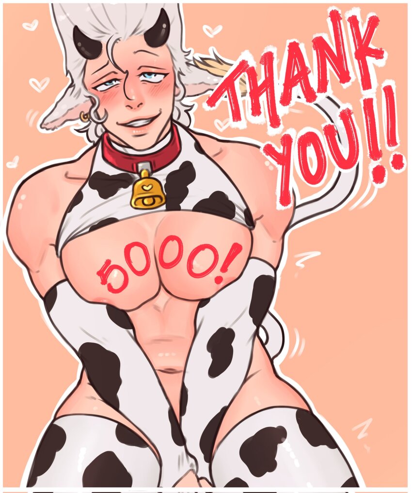 1boy abs animal_ears animal_print bacchyarts blue_eyes blush cow_ears cow_horns cow_print cow_tail cowbell elbow_gloves gloves grey_hair heart highres horns jean_pierre_polnareff jojo_no_kimyou_na_bouken large_pectorals looking_at_viewer male_focus muscular muscular_male navel nipples pectorals smirk solo stardust_crusaders tail thighhighs thighs