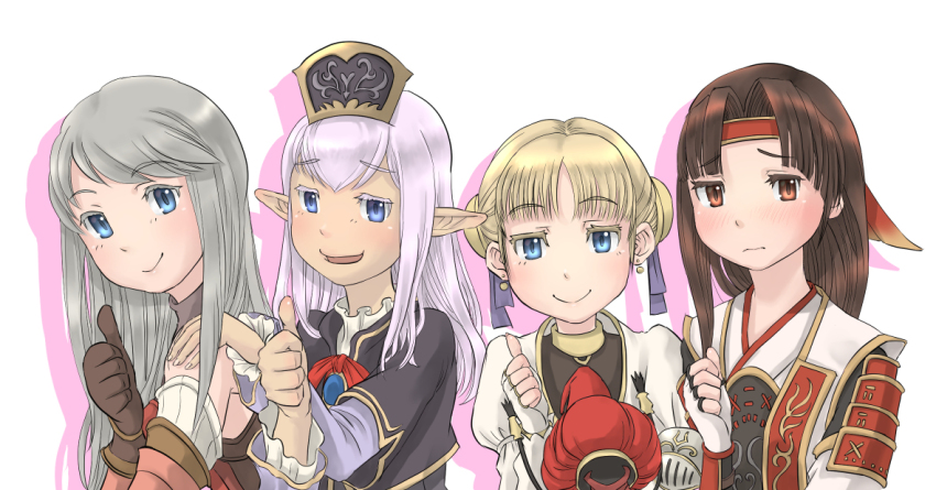 4girls afumau_(final_fantasy) arciela_v_adoulin armor blonde_hair blue_eyes brown_gloves brown_hair cactus41747280 closed_mouth colored_eyelashes detached_sleeves drop_shadow earrings elf elvaan final_fantasy final_fantasy_xi fingerless_gloves frown furrowed_brow gloves grey_hair hair_intakes hand_on_another&#039;s_shoulder headband hume iroha_(ff11) japanese_armor japanese_clothes jewelry juliet_sleeves kono_subarashii_sekai_ni_shukufuku_wo! light_purple_hair long_sleeves looking_at_viewer mnejing multiple_girls orange_eyes ovjang pink_sleeves pointy_ears prishe puffy_sleeves red_armor red_headband red_ribbon ribbon smile thumbs_up white_gloves