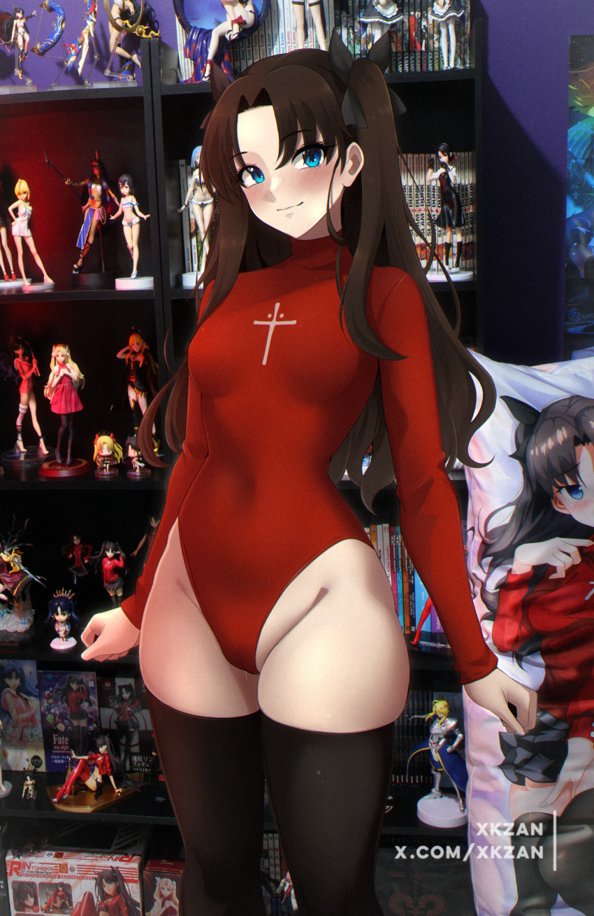 1girl absurdly_detailed_composition absurdres adapted_costume arms_at_sides artoria_pendragon_(fate) artoria_pendragon_(lancer)_(fate) black_hair black_ribbon black_thighhighs blue_eyes blush book bow breasts brown_hair closed_mouth covered_navel cowboy_shot cross cross_print curvy dakimakura_(object) embarrassed ereshkigal_(fate) fate/grand_order fate/stay_night fate_(series) figure gradient_background groin hair_bow hair_ornament hair_ribbon heattech_leotard highleg highleg_leotard highres indoors ishtar_(fate) ishtar_(swimsuit_rider)_(fate) kaguya-sama_wa_kokurasetai_~tensai-tachi_no_renai_zunousen~ leotard loaded_interior long_hair long_sleeves looking_at_viewer medium_breasts mons_pubis nitocris_(fate) nose_blush paid_reward_available parted_bangs photo_background pillow re:zero_kara_hajimeru_isekai_seikatsu red_leotard rem_(re:zero) ribbon shelf shinomiya_kaguya sidelocks skin_tight skindentation sleeved_leotard smile solo standing thick_thighs thighhighs thighs tohsaka_rin tsundere turtleneck twintails twitter_username two_side_up xkzan