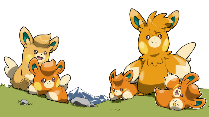 :d animal_focus blacknirrow closed_mouth dot_nose evolutionary_line grass highres mountain nintendo no_humans open_mouth outdoors outline pawmi pawmo pawmot pokemon pokemon_(creature) pokemon_focus rock simple_background smile white_background white_outline