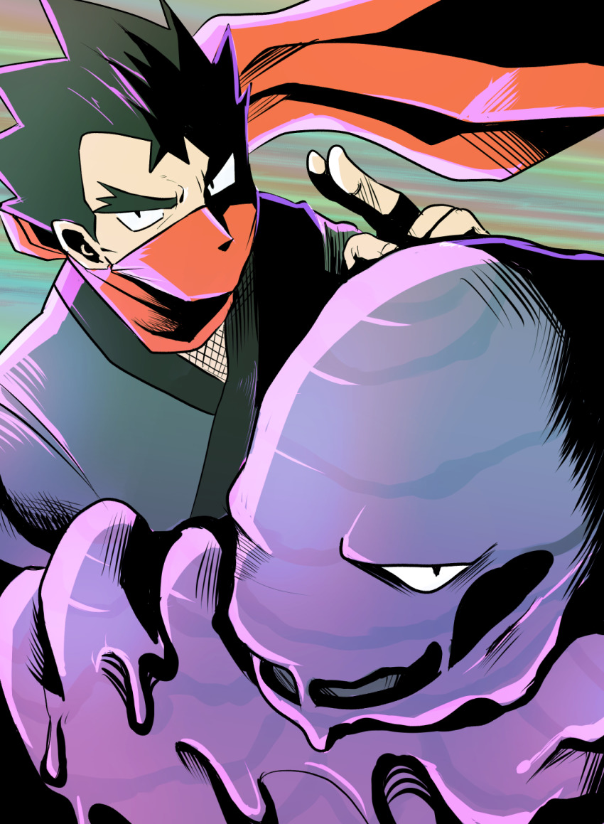 1boy bandana bandana_over_mouth black_eyes black_hair commentary_request creatures_(company) fishnets game_freak gen_1_pokemon hand_up highres jacket koga_(pokemon) looking_at_viewer makita_(mugitya3776) male_focus muk nintendo pokemon pokemon_(creature) pokemon_lgpe scarf short_hair spiked_hair thick_eyebrows
