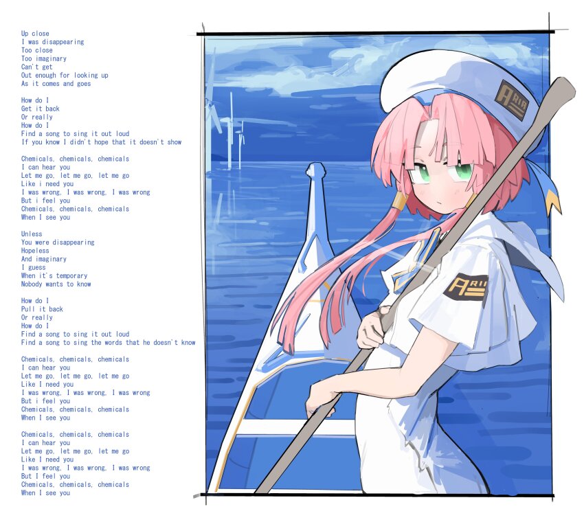 1girl absurdres aria_(manga) aria_company_uniform capelet dress from_side gomiba_koko gondola green_eyes hat highres holding holding_oar long_hair looking_at_viewer lyrics mizunashi_akari oar outside_border pink_hair short_hair_with_long_locks short_sleeves solo standing upper_body water_world white_dress white_hat wind_turbine windmill