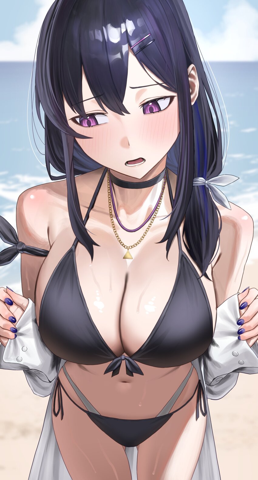1girl absurdres bikini black_bikini breasts cleavage collarbone commentary_request eden_(edenaldojj) highres ichinose_uruha jewelry large_breasts long_hair looking_down lupinus_virtual_games nail_polish navel necklace purple_eyes solo swimsuit virtual_youtuber vspo!