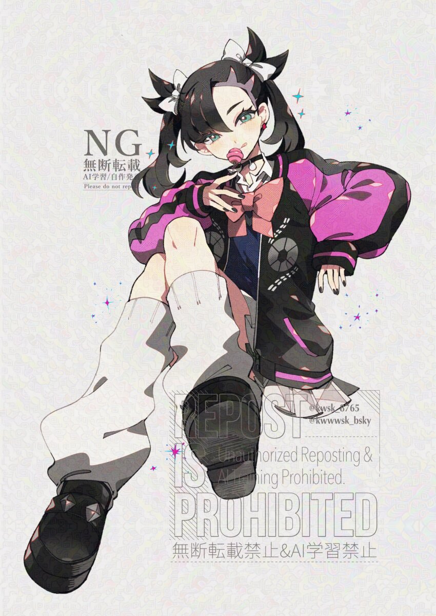1girl asymmetrical_bangs black_hair black_nails blue_sweater bow candy choker food green_eyes hair_bow hair_ribbon highres holding holding_candy holding_food holding_lollipop jacket kawasaki_(kwsk_8765) lollipop long_sleeves looking_at_viewer marnie_(academy)_(pokemon) marnie_(pokemon) nintendo official_alternate_costume pleated_skirt pokemon pokemon_masters_ex purple_jacket ribbon school_uniform shirt skirt solo sweater twintails white_shirt