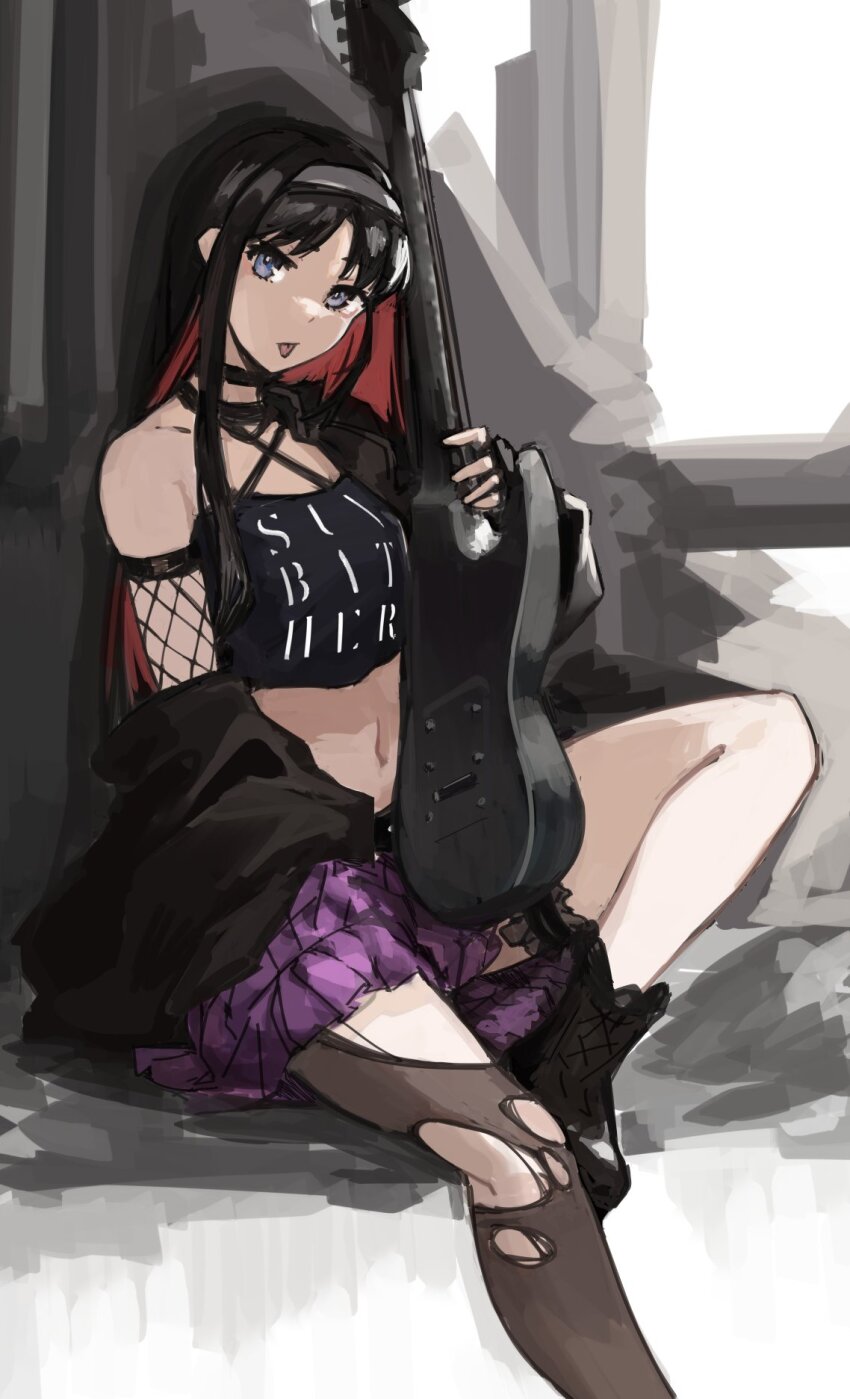 1girl :p bare_shoulders black_boots black_hair blue_eyes boots breasts clothes_writing commentary english_commentary fishnet_sleeves fishnets guitar hairband highres instrument jonyeld long_hair long_sleeves looking_at_viewer open_mouth pantyhose purple_skirt red_hair skirt small_breasts solo tohno_akiha tongue tongue_out torn_clothes torn_pantyhose tsukihime white_hairband