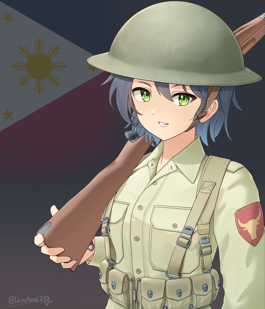 1girl absurdres ammunition_pouch artist_name belt blue_eyes bolt_action brown_belt brown_shirt combat_helmet commentary flag_background green_eyes gun helmet highres holding holding_gun holding_weapon leochan1202 long_sleeves looking_at_viewer m1903_springfield military military_uniform original patch philippine_flag philippines pouch rifle shirt short_hair shoulder_patch smile soldier solo upper_body weapon world_war_ii