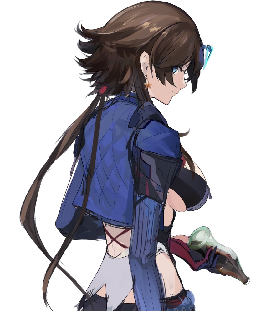 arm_strap azur_lane back_cutout belt bikini blue_eyes breasts brown_hair cleavage clothing_cutout coat coca-cola earrings from_side georgia_(azur_lane) gloves hair_between_eyes hair_ornament hair_ribbon heterochromia highres hip_vent jewelry large_breasts mikai_2035 ribbon sideboob simple_background skindentation smile solo star_(symbol) star_earrings swimsuit tankini underboob white_background yellow_eyes zipper