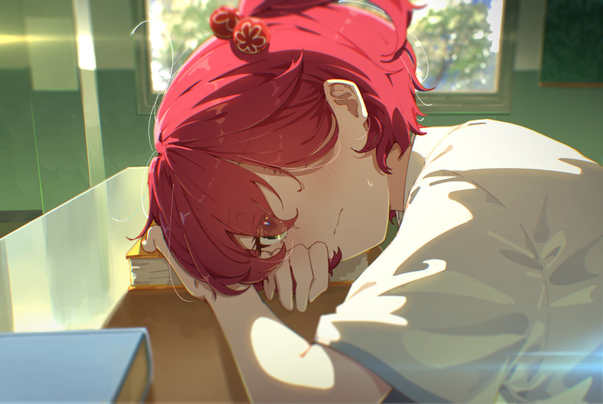 1girl blush book closed_mouth commentary desk english_commentary eyes_visible_through_hair hair_over_eyes hair_ribbon highres indoors jl_tan komari_chika looking_at_viewer make_heroine_ga_oo_sugiru! one_eye_covered red_hair ribbon shirt short_hair short_sleeves solo sweat sweatdrop upper_body white_shirt yellow_eyes