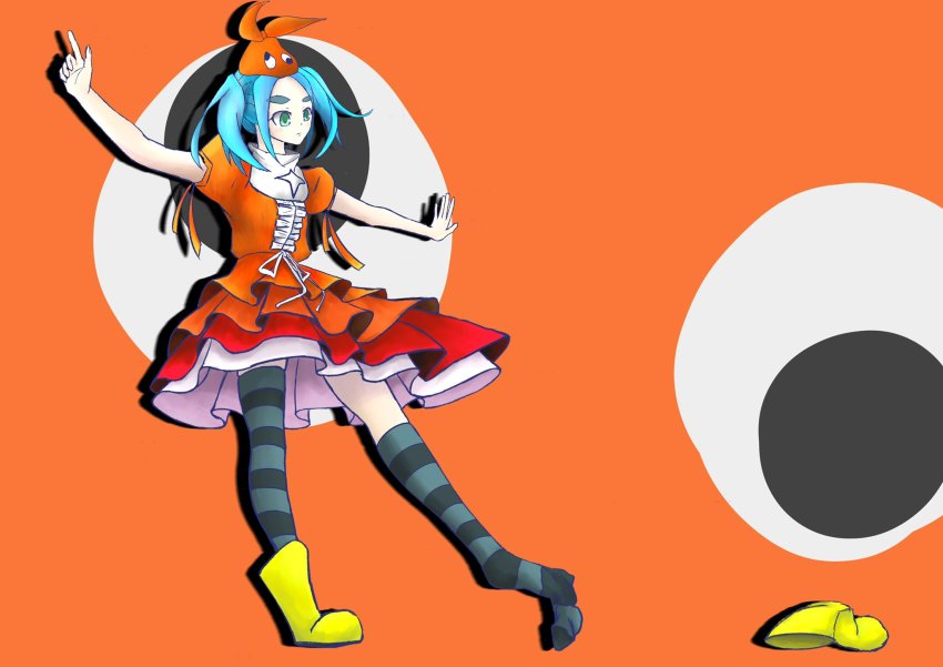 1girl aqua_hair boots googly_eyes highres monogatari_(series) ononoki_yotsugi orange_background outstretched_arms rubber_boots single_boot sock_dangle spread_arms standing standing_on_one_leg striped_clothes striped_legwear striped_thighhighs thighhighs two-tone_legwear unworn_boots unworn_shoe yellow_boots