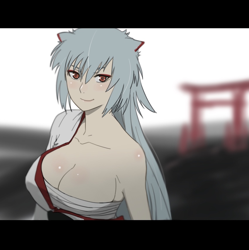 1girl akizuki_(17769498) asymmetrical_clothes azur_lane bandages blurry blurry_background breasts cleavage hair_between_eyes highres hyuuga_(azur_lane) japanese_clothes kimono large_breasts letterboxed long_hair looking_at_viewer red_eyes sarashi silver_hair solo torii upper_body very_long_hair white_kimono