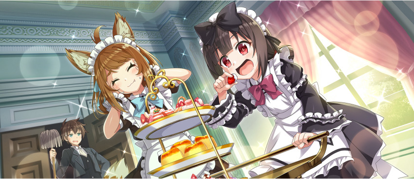 1boy 2girls :3 ahoge alternate_costume animal_ears apron black_bow black_jacket blue_bow blue_bowtie bow bowtie brown_hair child closed_eyes crumbs curtains dessert dress_shirt eating enmaided fang food frilled_apron frills fruit game_cg green_eyes hair_bow hair_tie hands_on_own_cheeks hands_on_own_face highres holding holding_mop indoors jacket komekko kono_subarashii_sekai_ni_shukufuku_wo! konosuba!_fantastic_days long_sleeves maid maid_apron maid_headdress matching_outfits medium_hair miia_(konosuba) mop multiple_girls official_alternate_costume official_art open_mouth pink_bow pink_bowtie pudding puffy_long_sleeves puffy_short_sleeves puffy_sleeves red_eyes satou_kazuma shirt short_hair short_sleeves short_twintails sidelocks strawberry sweatdrop tail tiered_tray twintails vest waistcoat white_apron white_shirt window wrist_cuffs