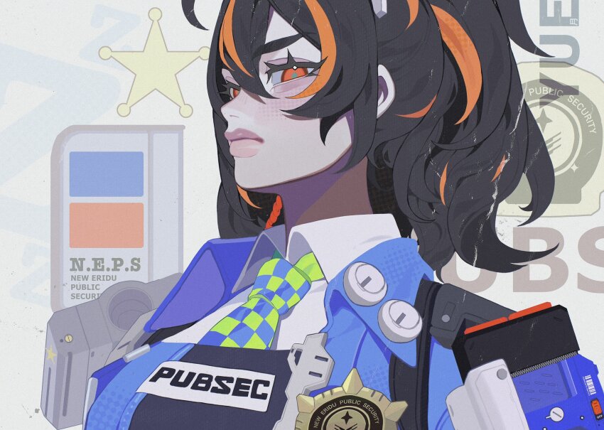 1girl black_hair h0rtens1a highres looking_at_viewer multicolored_hair orange_eyes orange_hair police police_badge police_uniform policewoman portrait simple_background solo streaked_hair thick_lips zenless_zone_zero zhu_yuan