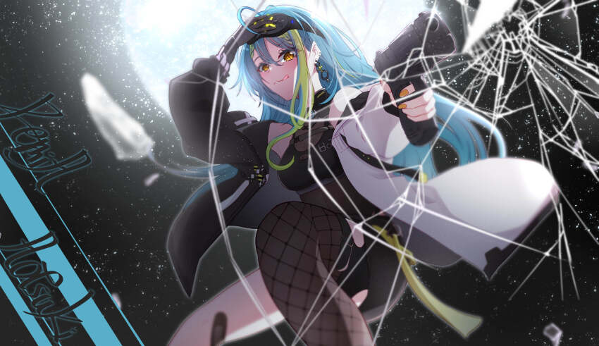 1girl absurdres ahoge aotsuki_remia black_jacket black_shirt black_shorts blue_hair character_name closed_mouth cracked_screen fishnet_thighhighs fishnets fourth_wall green_eyes gun handgun highres holding holding_gun holding_weapon jacket kawausonosato long_hair looking_at_viewer multicolored_hair multicolored_jacket nail_polish orange_eyes orange_nails shirt shorts smile solo streaked_hair thighhighs tongue tongue_out two-tone_jacket very_long_hair virtual_youtuber vspo! vspo!_en weapon white_jacket