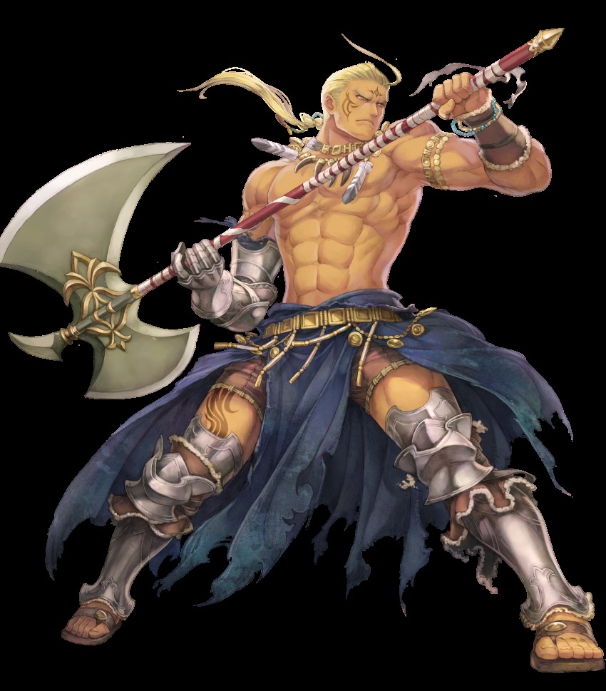 1boy abs ahoge axe blonde_hair bracelet dark_skin dark-skinned_male facial_mark facial_tattoo feathers fire_emblem fire_emblem:_the_blazing_blade fire_emblem_heroes full_body gloves haccan hawkeye_(fire_emblem) highres huge_weapon jewelry long_hair low_ponytail male_focus manly markings muscular necklace nintendo official_art orange_eyes pectorals ponytail sandals serious topless_male solo tattoo toeless_legwear toes transparent_background weapon