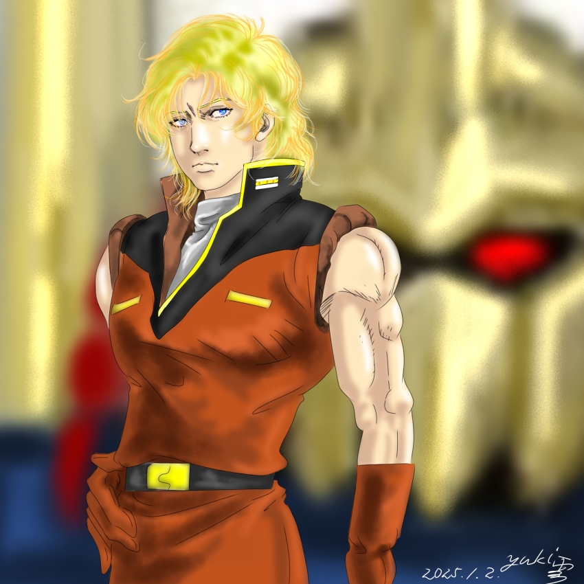 1boy 2025 aeug belt blonde_hair blue_eyes blurry blurry_background dated gloves gundam hand_on_own_hip highres hyaku_shiki looking_at_viewer mecha military_uniform mobile_suit mullet quattro_bajeena red_eyes red_gloves robot science_fiction signature toned yuki_xue_ying zeta_gundam