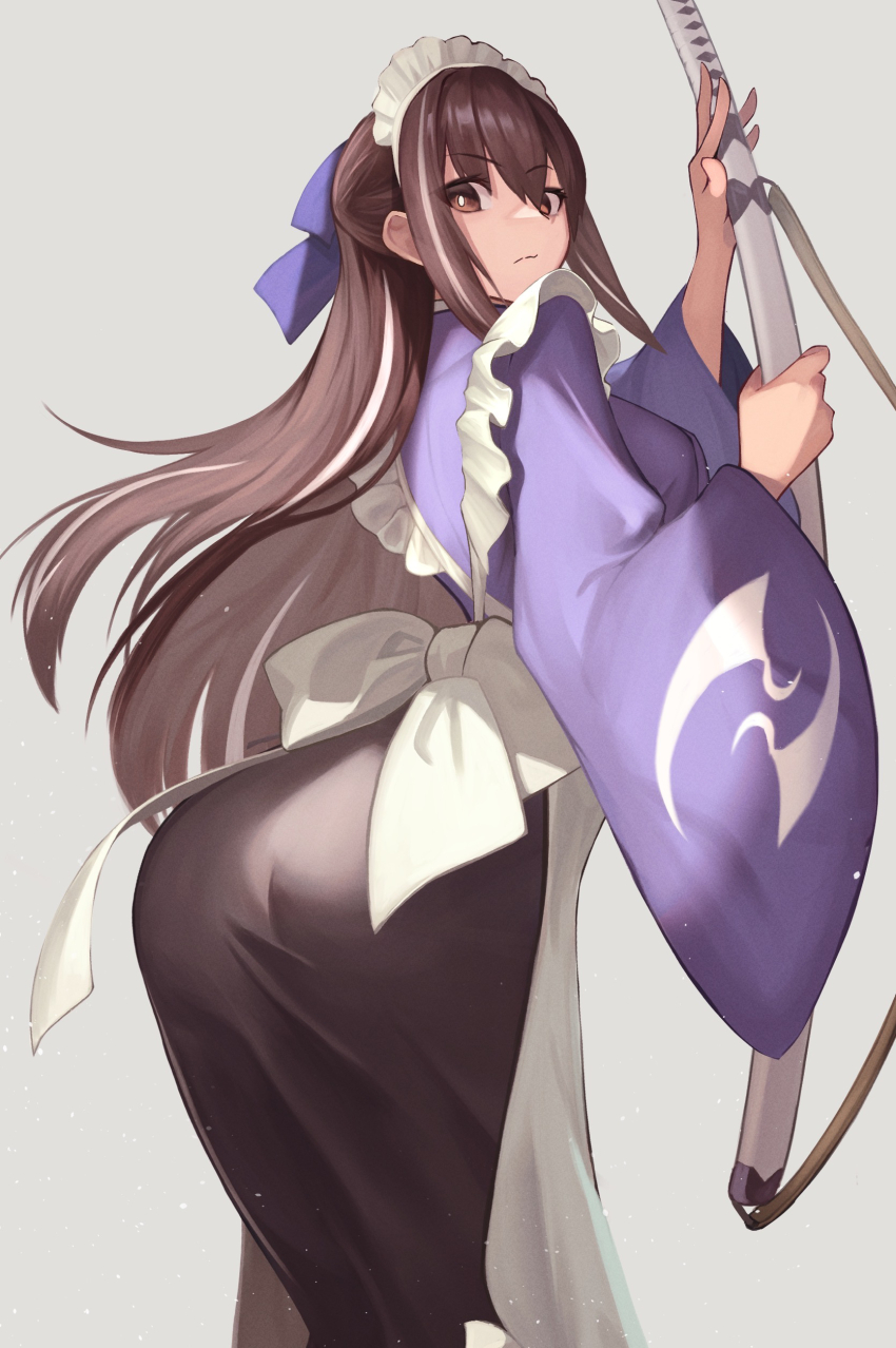 1girl absurdres apron ass back black_hair black_skirt blue_kimono bow breasts brown_eyes fate/grand_order fate_(series) genshu_doki hair_bow highres japanese_clothes katana kawakami_gensai_(fate) kawakami_gensai_(second_ascension)_(fate) kimono long_hair long_skirt long_sleeves looking_at_viewer looking_back maid_headdress medium_breasts multicolored_hair sidelocks skirt solo streaked_hair sword weapon white_apron white_hair wide_sleeves