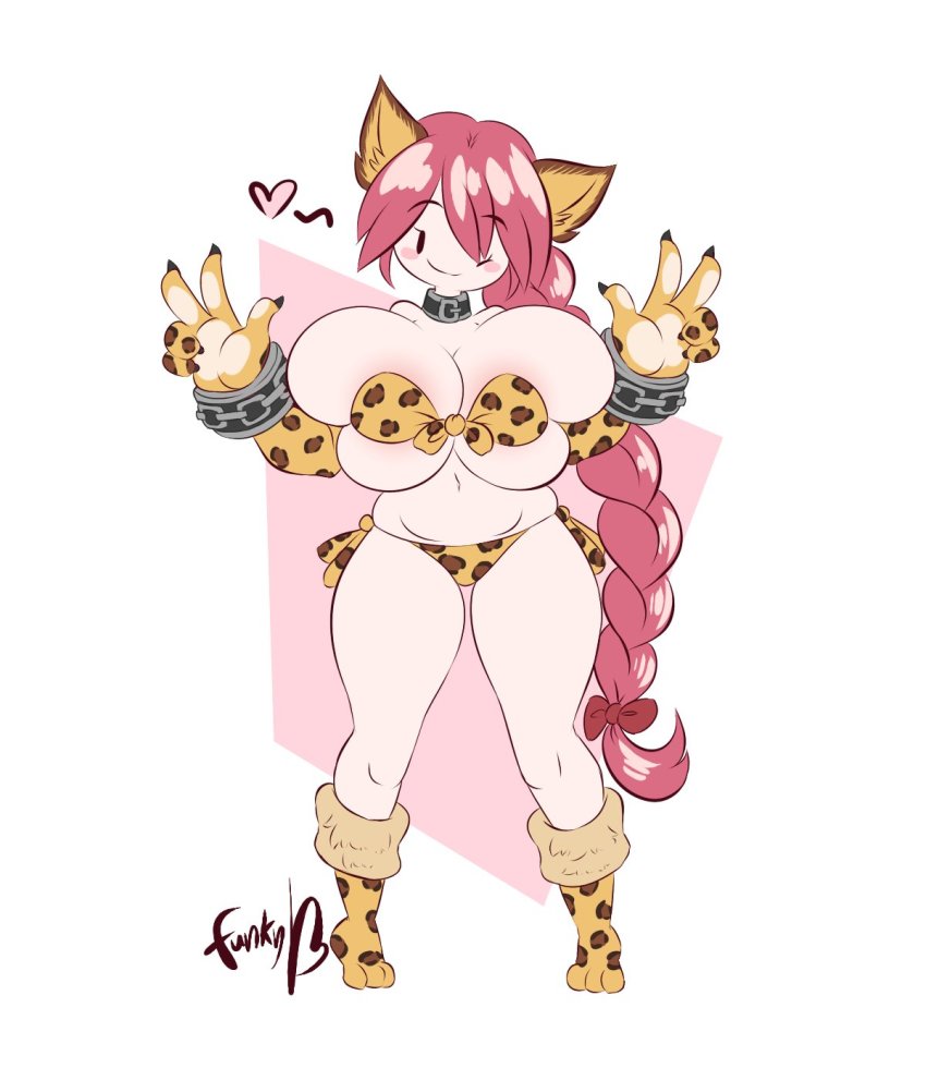 1girl animal_ears areola_slip bikini breasts bursting_breasts cat_ears cat_girl cleavage collar dark_chronicle dark_cloud dark_cloud_2 dullvivid flirting flirting_with_viewer highres huge_breasts long_hair looking_at_viewer monica_(dark_chronicle) one_eye_closed pink_hair princess shortstack solo swimsuit tagme thick_thighs thighs very_long_hair wide_hips wink
