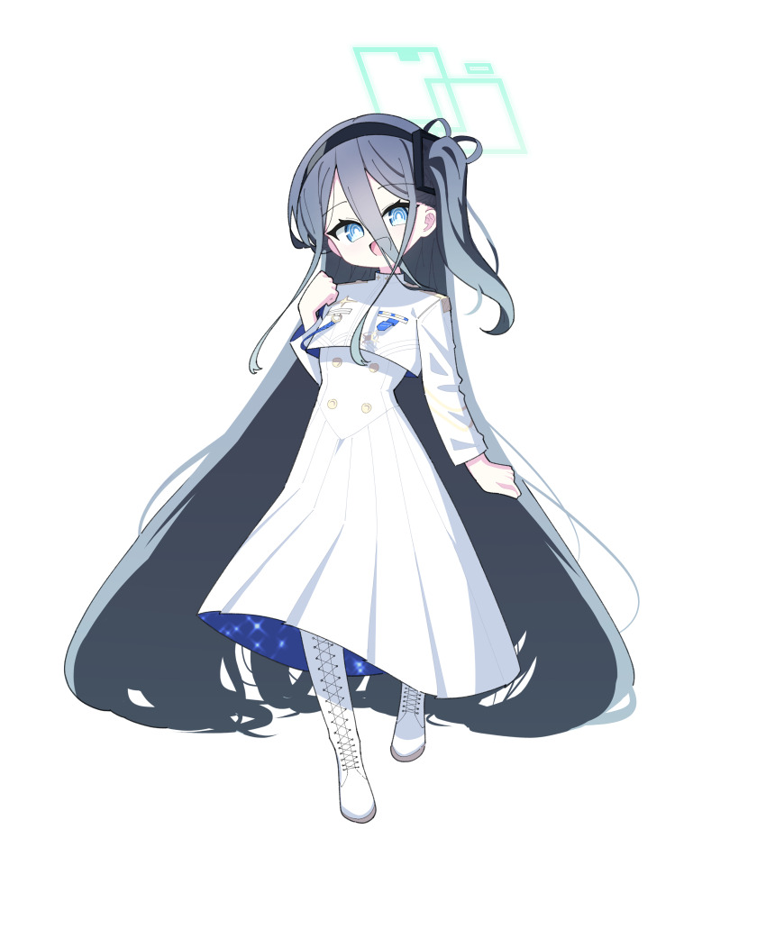 1girl 525_woiwo :d absurdly_long_hair absurdres alternate_costume aqua_halo aris_(blue_archive) black_hair black_hairband blue_archive blue_eyes boots commentary cosplay full_body general_student_council_president_(blue_archive) hairband halo happy high_heel_boots high_heels highres knee_boots knees_up lace-up_boots long_hair long_skirt long_sleeves looking_at_viewer open_mouth pleated_skirt school_uniform shirt side_ponytail simple_background skirt smile solo standing very_long_hair white_boots white_shirt white_skirt