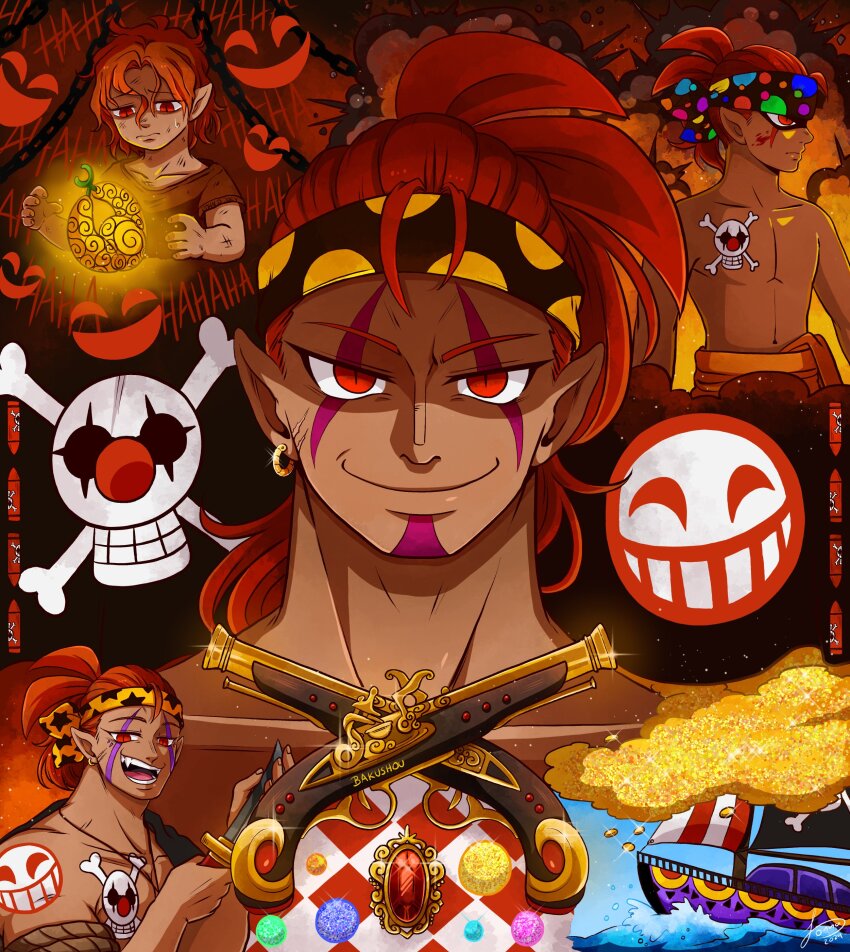 1boy :d absurdres age_progression bakushou_(samayajonna) bara buggy_the_clown_jolly_roger crossed_weapons dark-skinned_male dark_skin evil_smile facial_hair facial_mark goatee gold headband highres hyena_(samayajonna) jolly_roger long_hair looking_at_viewer male_focus open_mouth original pirate red_eyes smile smug straight-on upper_body