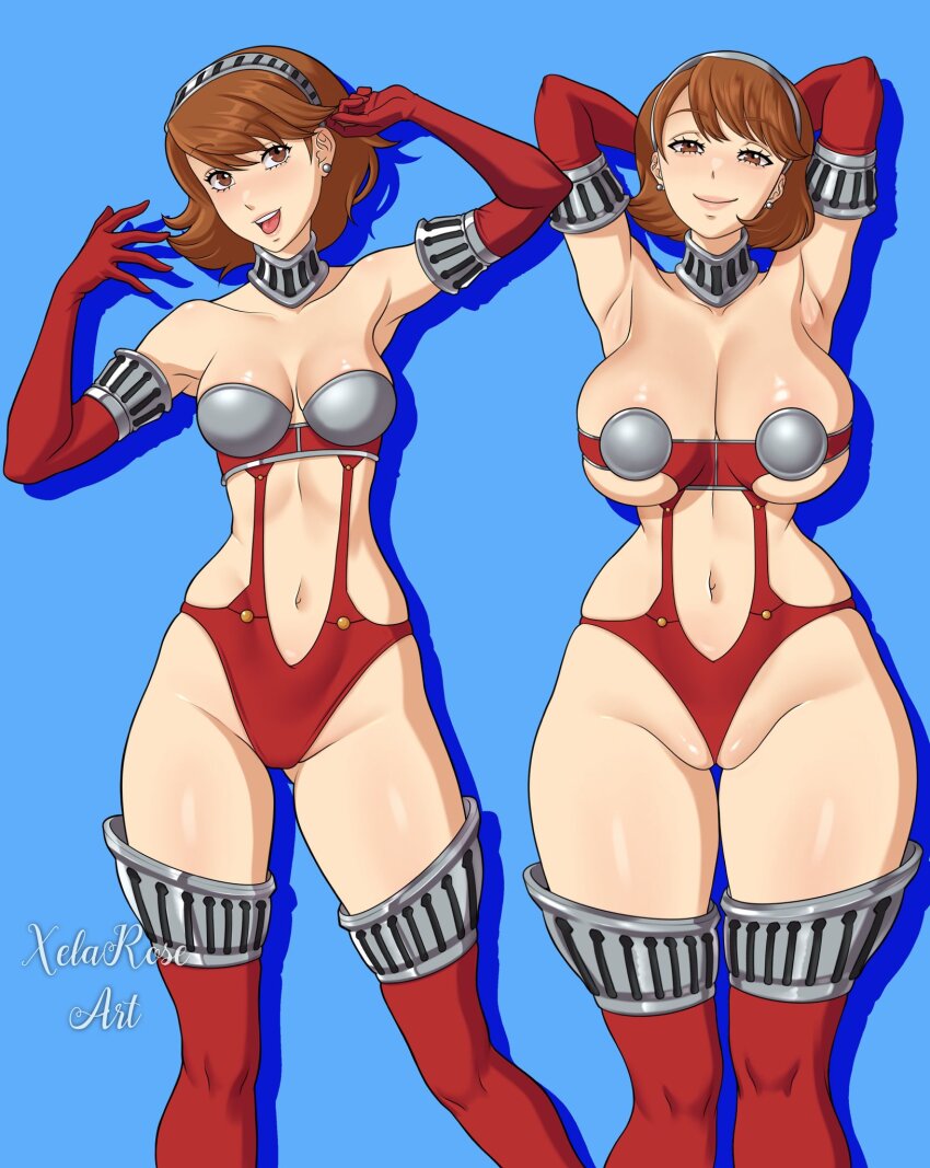 1girl armpits arms_behind_head arms_up ass_expansion bare_shoulders blush breast_expansion breasts cleft_of_venus curvy earrings elbow_gloves female_focus gloves high-cut_armor_(persona) highres jewelry large_breasts looking_at_viewer matching_hair/eyes medium_breasts navel partially_visible_vulva persona persona_3 short_hair skindentation takeba_yukari thick_thighs thigh_gap thighhighs thighs wide_hips xelaroseart