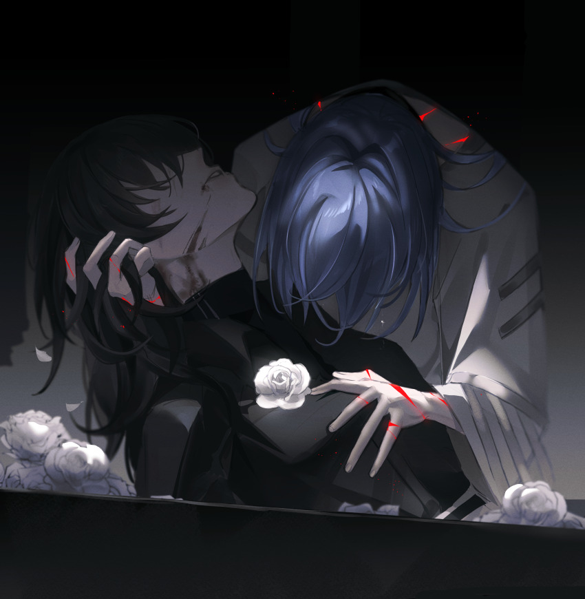 2girls absurdres belt black_background black_belt black_hair black_shirt blue_hair chief_(path_to_nowhere) coffin collared_shirt commentary_request cracked_skin crying dress female_chief_(path_to_nowhere) fingernails flower gradient_background hair_intakes hair_over_eyes hair_over_face hand_in_another&#039;s_hair hand_on_another&#039;s_cheek hand_on_another&#039;s_face hecate_(path_to_nowhere) highres injury long_hair long_sleeves multiple_girls pants parted_lips path_to_nowhere petals rose rose_petals sad shirt short_hair spoilers teardrop toho10min turtleneck turtleneck_shirt unconscious undershirt upper_body white_dress white_flower white_pants white_rose wide_sleeves